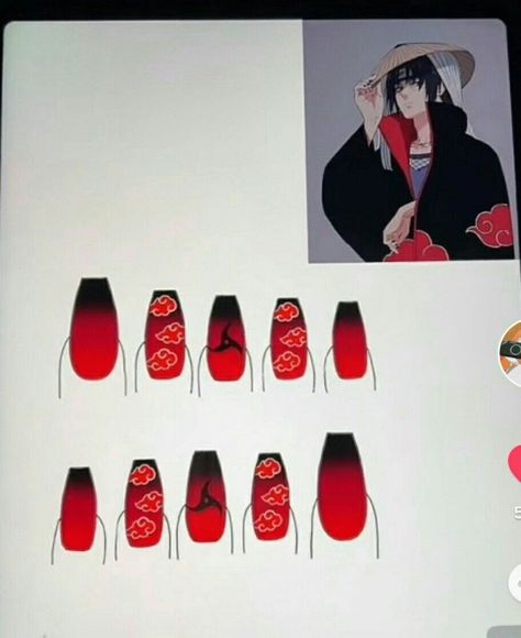 Coustems Ideas Anime, Itachi Nail Art, Itachi Nails Design, Black Clover Nails, Itachi Nails, Uwu Nails, Akatsuki Nails, Anime Nails Acrylic, Nail Anime