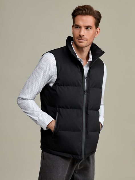 SHEIN Men Zipper Vest Puffer Coat Black Vest Business Casual, Black Puffer Coat Outfit, Bubble Jacket Outfit, Puffy Vest Men, Jacket Without Sleeves, Puffer Coat Outfit, Vest Outfits Men, Mens Half Sleeve, Vest Puffer