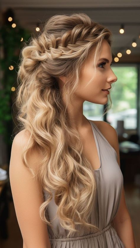 Long Hair Maid Of Honor Styles, Wedding Hair Top Knot, Side Braid Hairstyles For Wedding, Wedding Hairstyles To The Side, Side Braid Wedding, Fishtail Braid Styles, Fishtail Braid Hairstyles, Side Swept Curls, Long Hair Wedding Styles