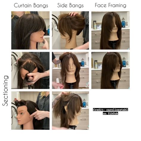 3 by 3 grid showing curtain bangs, side bangs, and face framing along with their sectioning techniques. Cute Bangs Haircut, Korean Haircut Long, Bangs Haircut Ideas, Bangs Wispy, Haircut Ideas Trendy, Bangs Haircut, Bangs Curtain, Face Framing Hair, Framing Bangs