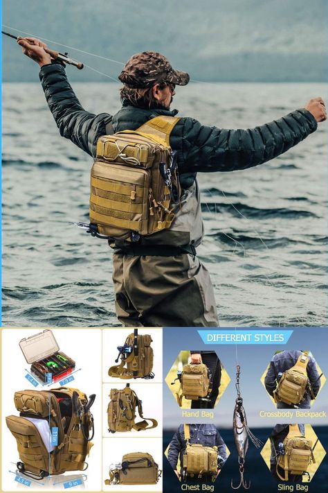 This fishing bag is comfortable to wear and has breathable cushioning. It's made of durable, waterproof nylon fabric. It has many pockets and a rod holder. The strap is changeable for different styles. It's great for fishing, traveling, and makes a good gift. #ad #FishingGear #TackleBox #LafeFishing #FishingClothes #FishingEquipment #DKSOutdoors #fish #fishingrod #FishingReel #FishingAccessories #Outdoors #hiking #Travel