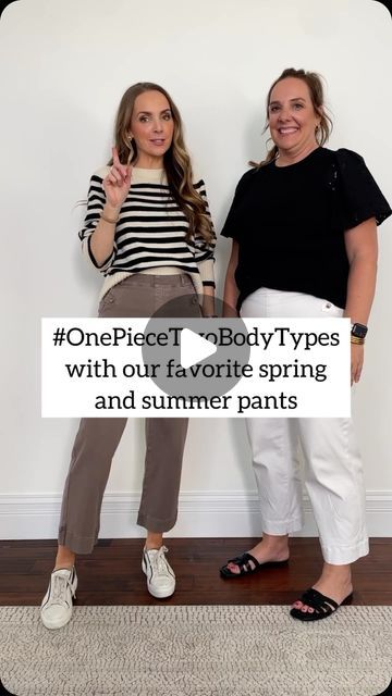 Merrick White / Style Educator on Instagram: "Kristy and I are back with another #OnePieceTwoBodyTypes, featuring these fantastic stretch twill cropped wide leg pants from @Spanx.  Use code MERRICKXSPANX for 10% off plus free, shipping!  These are Kristy’s most worn, most loved, most versatile pants, and new colors just launched for spring!  Here are a few examples of ways we wear these pants, to show you how versatile they are.  I am in a size small and Kristy is in a size extra large, both in the regular length. I’m 5’6” and Kristy is 5’7”. We recommend sizing up one size. Comment below with the word LINK and we will send you links straight to your DM’s! #SpanxPartner" Wide Leg Cropped Pants Outfit, Leg Pants Outfit, Cropped Wide Leg Pants, Wide Leg Cropped Pants, Summer Pants, Twill Pants, Wide Pants, White Style, Fashion Plates