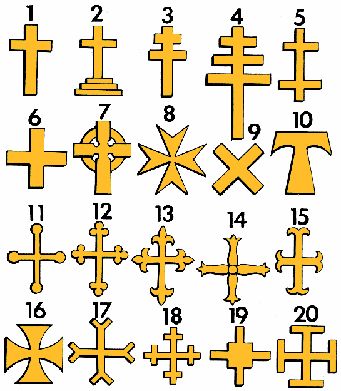 Cross (the device or emblem):  1 Latin 2 Calvary, 3 Patriarchal gold cross of Lorraine, 4 Papal, 5 Lorraine, 6 Greek, 7 Celtic, 8 Maltese, 9 St Andrew’s, 10 Tau, 11 Lettuce, 12 Botonée, 13 Fleury, 14 Avellan, 15 Moline, 16 Formed 17 Forked, 18 Crosslet, 19 Quadrate, 20 Potent Senior Citizen Activities Games, Types Of Crosses, Words And Meanings, Royal Arch Masons, Cross Of Lorraine, Crucifix Art, Catholic Symbols, Catholic Cross, Cross Symbol