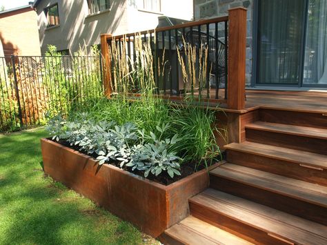 Ipe deck and staircase; custom raised planter box in corten Deck Stairs Planter Boxes, Deck With Garden Boxes, Staircase Planter Boxes, Deck With Built In Planters, Planters On Steps, Deck With Planter Boxes Built Ins, Planter Boxes Around Deck, Deck With Planter Boxes, Pollinator Yard