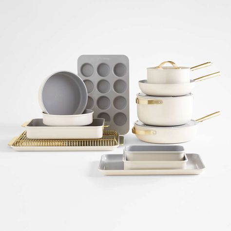 Caraway Cream Full Kitchen Set | Crate & Barrel Aesthetic Pots And Pans Set, Caraway Cookware Cream, White And Gold Pots And Pans, White Gold Kitchen Decor, Caraway Pans, Target Wedding Registry, Beige Apartment, Caraway Cookware, Pan Rack