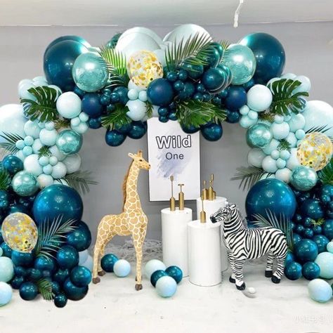 Blue Green Gold Balloon Garland, Blue Green White Balloon Garland, Safari Theme Balloon Arch, Blue Green Birthday Decor, Blue And Green Themed Birthday Party, Teal Blue Balloon Garland, Balloon Arch Blue And Green, Blue And Green Birthday Theme, Baby Shower Color Themes Boy