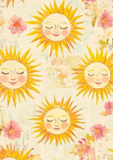 ↑↑↑ Larger size on website 🔸 The image depicts a cheerful pattern of smiling suns with closed eyes against a light cream backgrou 🔸 From Midjourney AI Image Sunshine Illustration, Faded Background, Rosy Cheeks, Closed Eyes, Light Cream, Vintage Charms, Pink Flowers, Sunnies, Sun