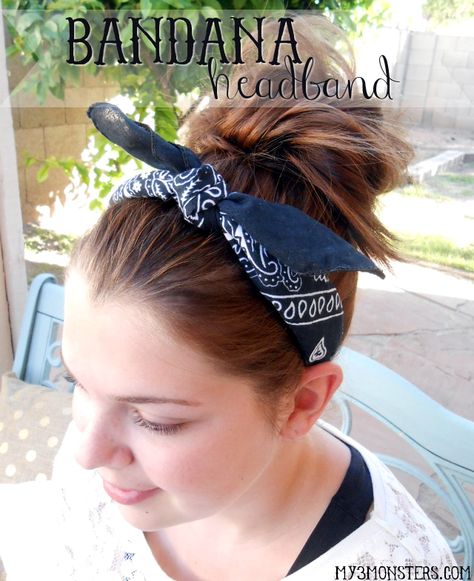 Easy Bandana Headband at my3monsters.com -- looks like a bandana tied around your head, but slips on and off in seconds! Hair Styles Bandana, Bandana Headbands, Bandana Crafts, Hair Scarf Styles, Hair Turban, Pigtail Hairstyles, Bandana Headband, Feather Headband, Bandana Hairstyles