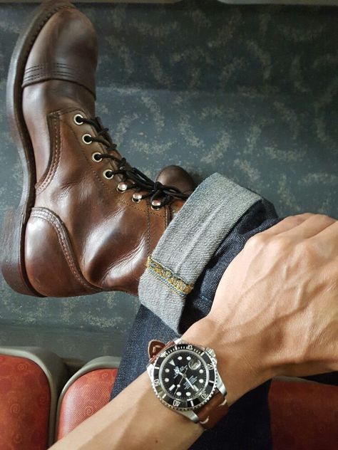 Watch: Rolexsubmeriner Denim: JapanBlue 0306 Boots: Redwing #8111 Redwing Iron Ranger 8111, Redwing Iron Ranger Outfits, Redwing 8111, Redwing Boots Mens, Redwing Boots Outfit, Red Wing Boots Iron Ranger, Lumberjack Boots, Red Wings Boots, Redwing Boots