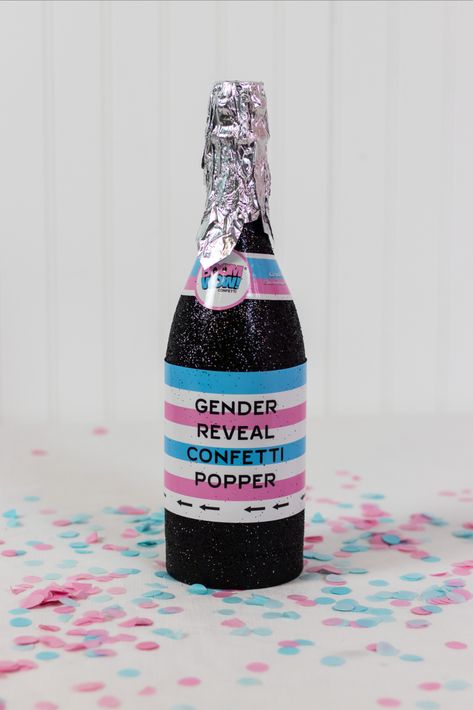 A popper shaped like a champaign bottle for gender reveal Popping Bottles Gender Reveal, Champagne Gender Reveal Ideas, Poppin Bottles Gender Reveal, Champagne Gender Reveal, New Years Gender Reveal, Gender Reveal Poppers, Confetti Gender Reveal, Confetti Poppers, Poppin Bottles