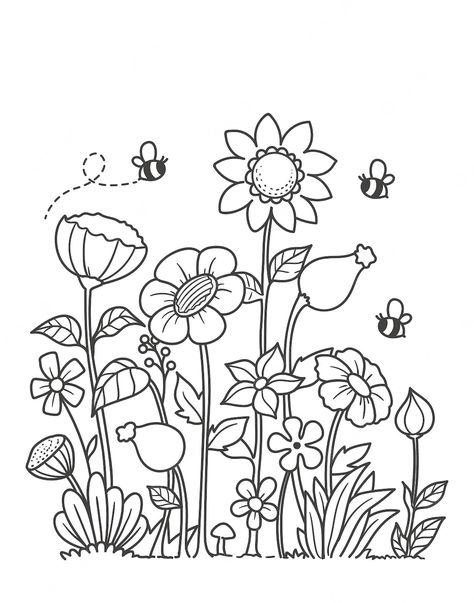 Flower Garden Drawing, Drawing Of Flowers, Garden Coloring Pages, Doodle Art Flowers, Spring Coloring Pages, Urban Threads, Decor Pillows, Flower Coloring Pages, Flower Doodles