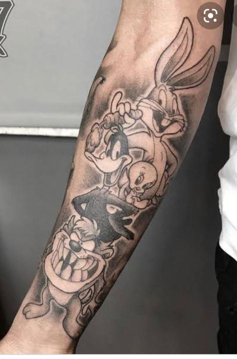 Looney Tunes Tattoos, Cartoon Leg Tattoos, Loney Toones Tattoos, Boondocks Tattoo Designs, Looney Tunes Tattoo Ideas, Looney Tunes Tattoo, Boondocks Tattoo, Taz Tattoo, Cartoon Legs