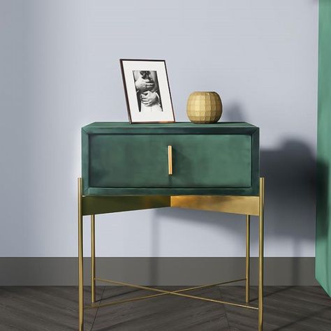 Emerald Green Bedside Table, Forest Green Bedside Table, Upholstered Bedside Table, Emerald And Gold Home Decor, Gold And Green Room Decor, Mid Century Modern Room Decor, Emerald Green Bedroom Decor Inspiration, Sage Green Modern Bedroom, Colorful Bedside Table