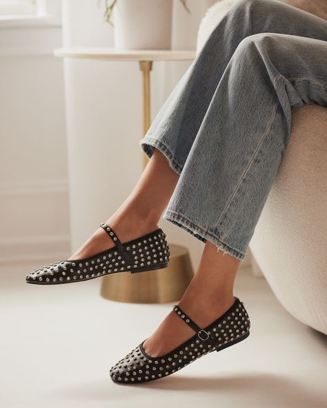 Wearing ballet flats until further notice. Mary Jane Shoes Outfit, Stud Outfits, Loafers Trend, Mary Jane Shoe, Mary Jane Shoes Flat, Studded Shoes, Steve Madden Store, Sparkle Shoes, Rhinestone Material