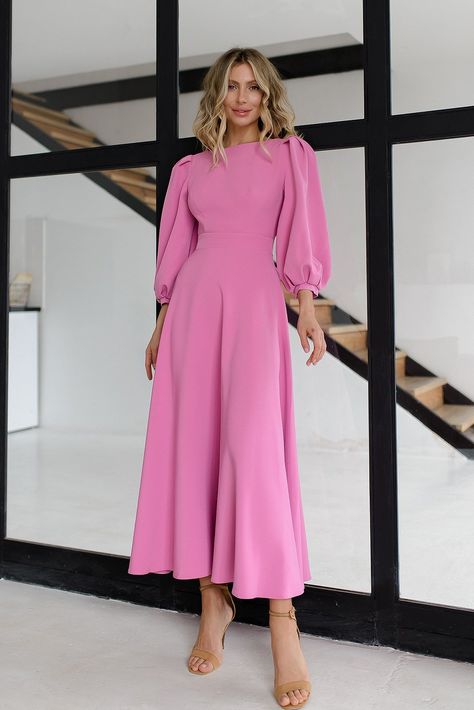 Enchant everyone around you with the Dusty-Pink Backless Puff Sleeve Midi Dress. The delicate pink color and chic backless cut create a look that's both whimsical and refined.  #eveningdress #dress #dresses #stylish #dresslover #womenwear #mididress #backless #dustypink #puffsleeve Party Dress Codes, Puff Sleeve Midi Dress, Office Wardrobe, Barbie Outfits, Wear Store, Puff Sleeve Dresses, Sleeve Midi Dress, Women's Wear, Affordable Clothes