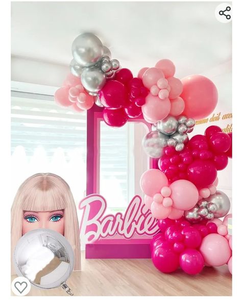 Barbie Balloon Arch, Pink Silver Balloon Garland, Silver Balloon Garland, Rose Balloon, Silver Disco Ball, Princess Balloons, Barbie Party Decorations, Balloons Arch, Barbie Theme Party