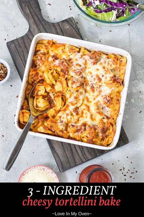 Cheesy Tortellini Bake Tortellini Dinner Recipes, Lazy Perogies, 3 Ingredient Bread, Blackened Cajun Chicken, Easy Halloween Treats To Make, Chicken And Broccoli Bake, Cheesy Tortellini Bake, Treats To Make With Kids, Tortellini Casserole