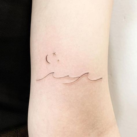 Wave Star Tattoo, Moon And Stars Minimalist Tattoo, Water Line Tattoo Ideas, Ankle Line Tattoos For Women, Wave Tattoo Ideas Ocean, Ocean Related Tattoos For Women, Stars And Waves Tattoo, Waves Tattoo Design Minimalist, Moon Star Ocean Tattoo