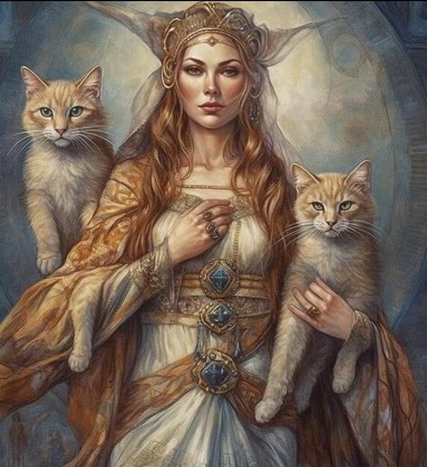 Freya Goddess Art, Freyja Aesthetic, Freya Cats, Lady Freyja, Freyja Goddess, Goddess Freya, Winter Goddess, Freya Goddess, Norse People