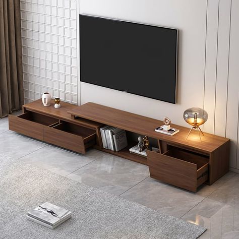 Fero Minimalist Walnut Rectangle Extendable TV Stand with 3 Drawers Up to 120" Unique Tv Stands, Walnut Tv Stand, Round Nesting Coffee Tables, Tv Unit Furniture Design, Tv Stand Decor, Tv Stand Furniture, Tv Unit Furniture, Tv Console Table, Wooden Tv Stands