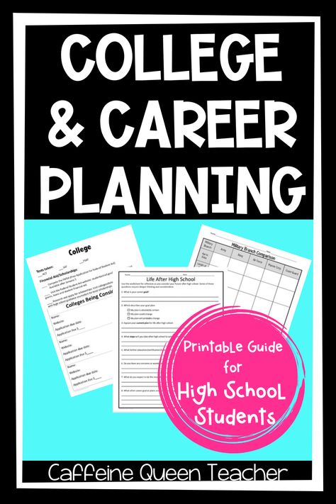 College & career planning: A printable guide for high school students.  These career planning worksheets will help high school students in career preparation activities during career education for high school. #careerpath #careereducation #collegeprep Getting Ready For College In High School, Career Exploration Worksheet High School, College And Career Readiness High School Activities, Career Counseling High School, Career Preparation Activities, College And Career Counselor Office, High School Career Exploration, College Readiness Activities High School, College Planning High School