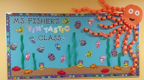 Under the sea classroom board. Sea Bulletin Board, Under The Sea Classroom, Ocean Bulletin Board, Ocean Classroom Decor, Birthday Board Classroom, Ocean Theme Preschool, Ocean Classroom, Under The Sea Crafts, Welcome To Kindergarten