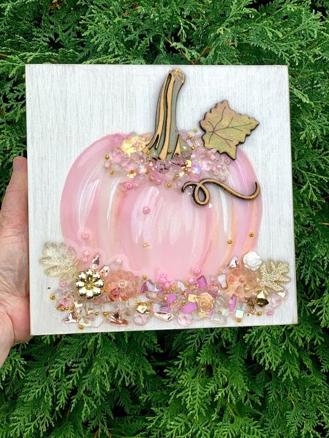 Blush Pink Pumpkin Painting Glass and Resin Art Glass Art Resin Art Resin Wall Art Fall Decor - Etsy Fall Resin Art, Ripped Canvas Art, Glitter Glue Art, Crushed Glass Crafts, Epoxy Resin Crafts Ideas, Pink Pumpkin Painting, Pumpkin Rocks, Mixed Media Resin Art, Art Shattered