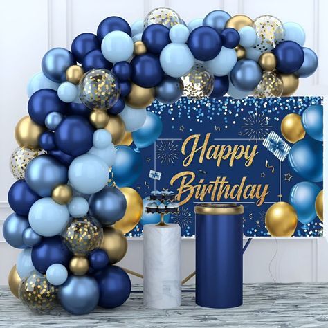 Blue Background Birthday Decoration, 40th Birthday Blue And Gold, Male Birthday Backdrop Ideas, Metallic Blue Balloon Garland, Blue Colour Birthday Decoration, Blue And Gold 50th Birthday Party, Royal Blue Backdrop Ideas, Light Blue Birthday Decorations, Royal Blue Theme Birthday Party