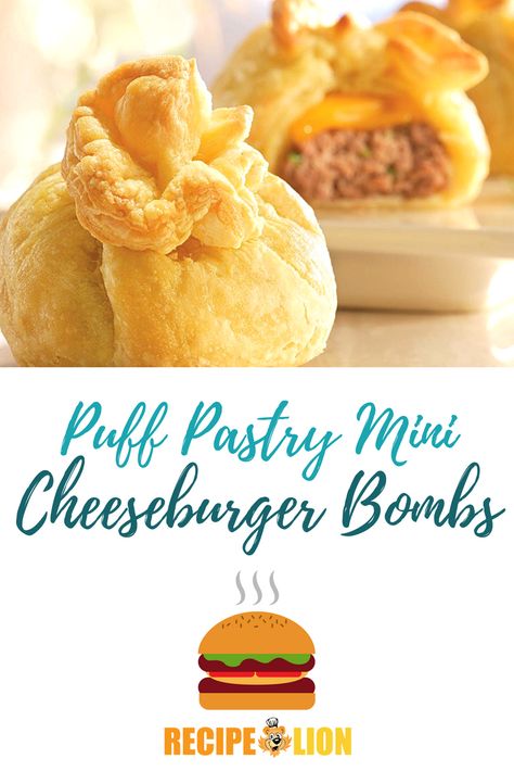 Puff Pastry Mini Cheeseburger Bombs: You'll love these cheesy, flaky appetizers! #cheeseburger #recipe Cheeseburger Puff Pastry, Recipe For Puff Pastry, Mini Pastry, Mini Cheeseburger, Pastry Puff, Savory Appetizers, Cottagecore Recipes, Puff Pastry Recipe, Cheeseburger Recipe