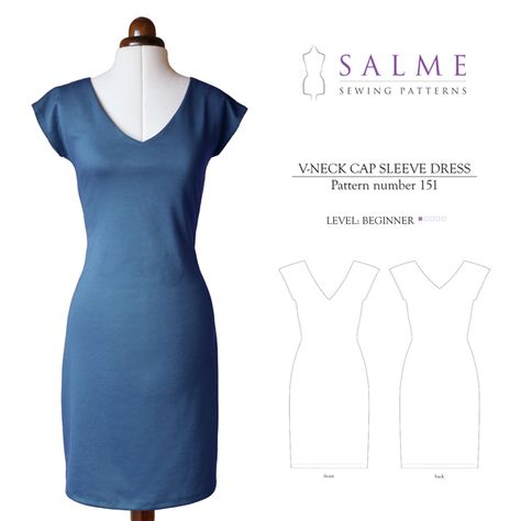 New Pattern - V-neck Cap Sleeve Dress - Salme Sewing Patterns Cap Sleeve Dress Pattern, Trendy Sewing Patterns, Dresses By Pattern, Sewing Clothes Women, Trendy Sewing, Elegant Photo, Cap Sleeve Dress, Cap Dress, Dress Sewing Pattern