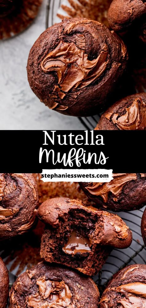 These are soft chocolate Nutella muffins with Nutella inside and swirled on top! They are easy to make and don't even require a mixer! Nutella Dessert Recipes, Spring Dessert Recipes, Homemade Baking Recipes, Chocolate Layer Cake Recipe, Cheap Desserts, Sweet Breakfast Recipes, Cheap Dessert Recipes, Nutella Muffins, Spring Recipes Dessert