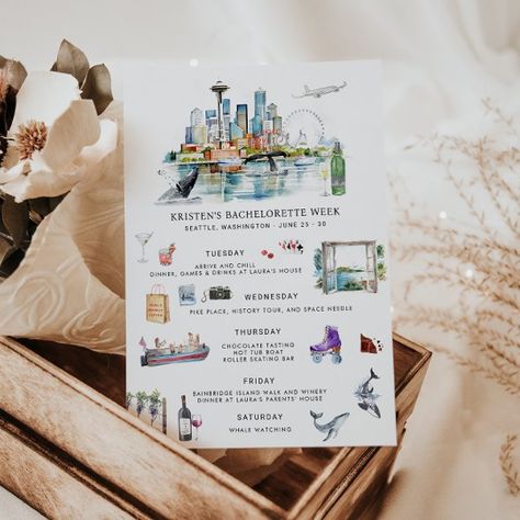 Bachelorette Weekend Itinerary | Seattle Invitation Bachelorette Party Invitations Templates, Destination Birthday Party, Bachelorette Party Invites, Party Invitations Templates, Bachelorette Weekend Itinerary, Watercolor Travel, Weekend Itinerary, Bachelorette Party Invitations, Bachelorette Weekend