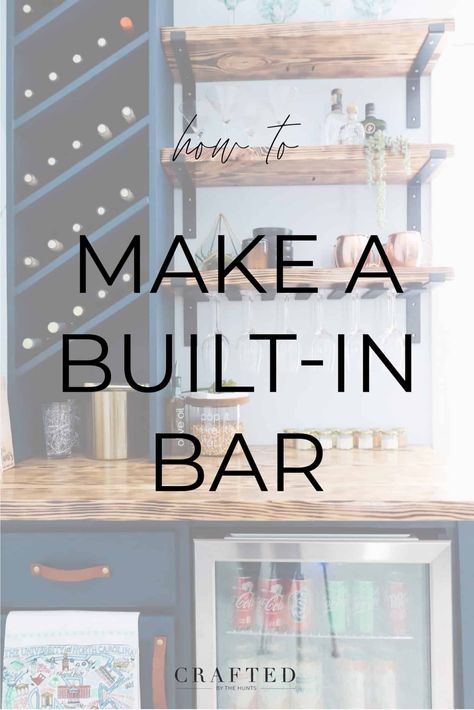 DIY Built-In Bar with Mini Fridge - Crafted by the Hunts Diy Corner Bar, Diy Indoor Bar, Diy Built In Bar, Diy Dry Bar, Diy Wine Bar, Mini Fridge Bar, Bar In Living Room, Stock Cabinet, Diy Built In