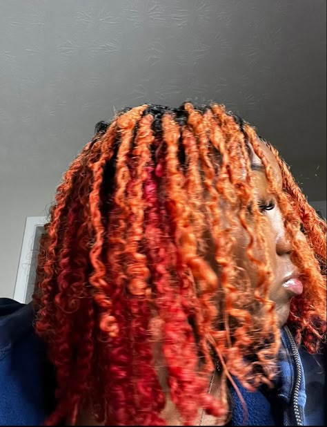 #locs #twostrandtwist #orangelocs #redlocs Red And Blonde Hair Color Locs, Ginger And Red Locs, Dreadlocks Dyed, Half Dyed Locs, Dread Colors, Orange Dreads, Faux Locs Colored, Locs Colors, Black Locs