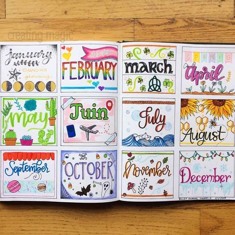 Monthly Planner Theme Ideas, Theme Of The Month Ideas, Bujo Yearly Spread Ideas 2024, Journal Page Themes, Monthly Decorating Themes, Monthly Bujo Ideas, Bojo Themes, Colorful Bujo Theme, Journaling Ideas Creative