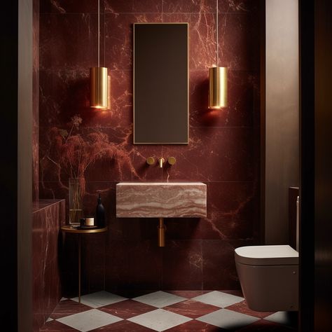 Red Tile Bathroom Ideas, Moody Marble Bathroom, Colored Marble Bathroom, Mauve Vanity Bathroom, Red Stone Countertops, Burgundy Tile Bathroom, Marble Toilet Design, Red Tiles Bathroom, Bathroom Marble Ideas