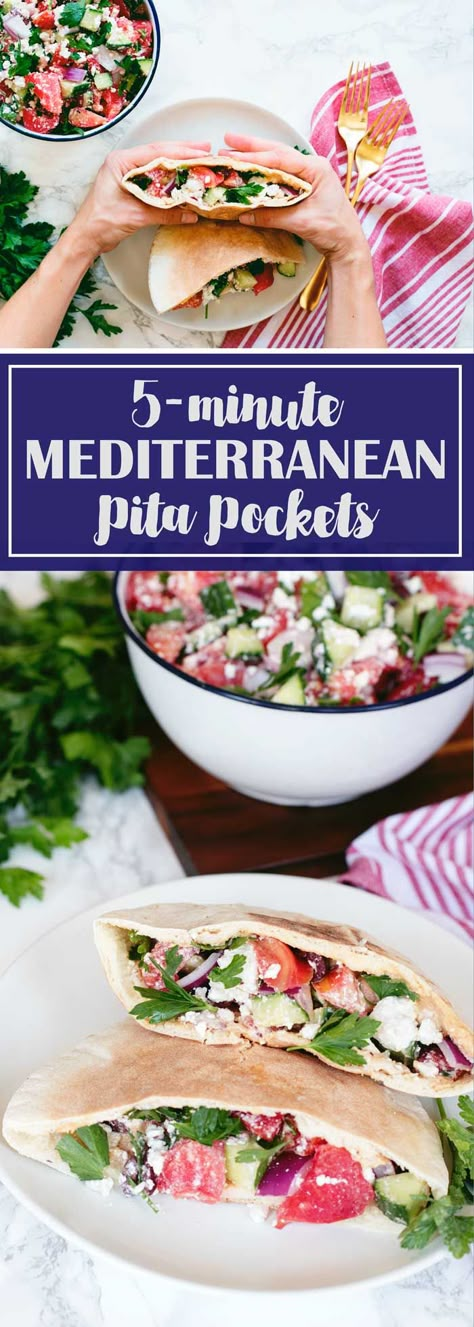 5-MINUTE Meal :: Mediterranean Pita Pockets with tomatos, feta, cucumbers, and hummus - healthy and delicious! Mediterranean Pita, Pocket Recipes, Hummus Healthy, Pita Pocket Recipes, Pockets Recipe, Hummus And Pita, Pita Pockets, 5 Minute Meals, Mediterranean Diet Plan