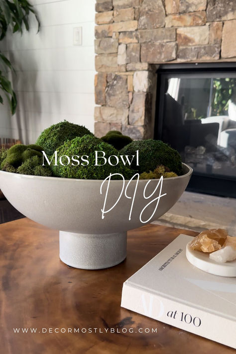 gray bowl with green moss. restoration hardware moss bowl dupe. gray pedestal bowl. large moss balls. reindeer moss.. Bowl With Moss Centerpiece, Faux Moss Decor, How To Make A Moss Bowl, Moss In A Bowl, Moss Bowl Decor, Moss Bowl Centerpiece Diy, Moss Centerpieces Diy, Moss Bowl Centerpiece, Bowl Decor Ideas