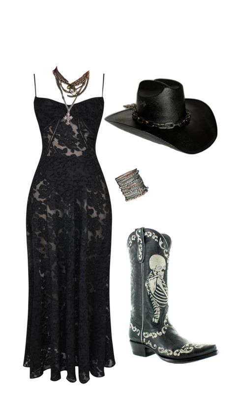 Goth girl cowgirl goth country outfit inspo all black country concert festival outfit inspo western Cowgirl Style Outfits Summer, Cowgirl Goth, Black Western Outfit, Concert Festival Outfit, Goth Country, Black Cowgirl Outfit, Outfit Inspo Western, Rock Festival Outfit, Festival Outfit Inspo