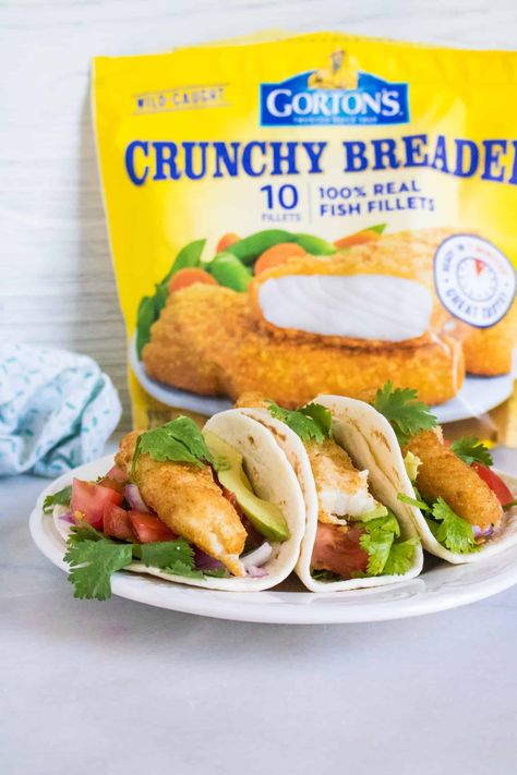 Crunchy Fish Tacos with Pico Sauce is a perfect taste of summer! This fish taco recipe is so easy to make, and totally mess-free and stress-free. And thanks to Gorton's Crunchy Breaded Fish Fillets, they're ready in just 7 minutes, so you can enjoy delicious fish tacos anytime the craving strikes! #sponsored #recipes #tacos #fishtacos #fish Fish Tacos From Frozen Fish, Fish Tacos With Frozen Breaded Fish, Gortons Fish Tacos, Frozen Fish Tacos, Fish Tacos With Frozen Fish, Fish Tacos With Fish Sticks, Fish Fillet Tacos, Breaded Fish Tacos, Crunchy Fish Tacos