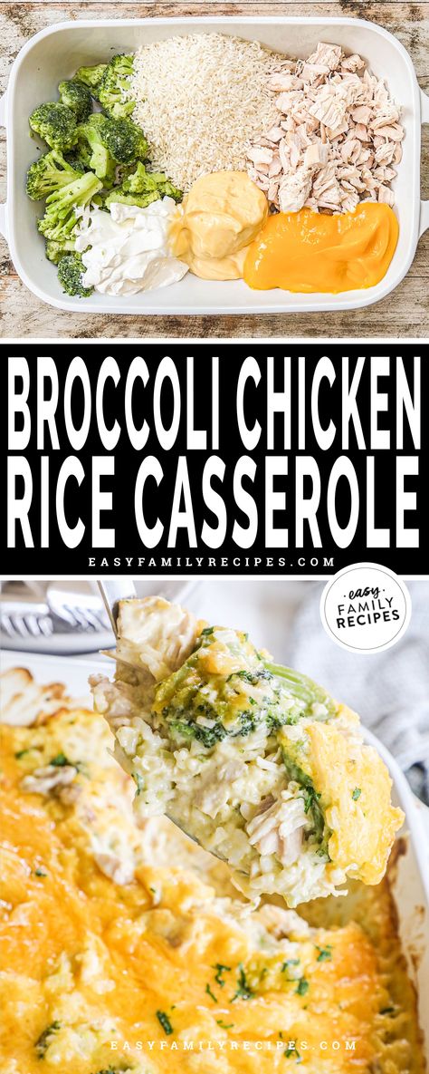 2 image collage of recipe: top showing ingredients in a baking dish before combing, bottom lifting up a serving after baking. Chicken And Rice And Broccoli Casserole, Chicken Broccoli Rice Cheese Casserole Easy Baked, Chicken Broccoli Rice Cheese Casserole With Rotisserie Chicken, Chicken Rice Broccoli Casserole, Broccoli Chicken Rice Casserole, Broccoli Chicken Rice, Weeknight Desserts, Chicken Broccoli Rice Cheese Casserole, Cheesy Chicken Rice