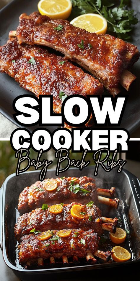 Fall-off-the-bone Slow Cooker Baby Back Ribs are the perfect solution for a delicious and effortless meal! 🍖🔥  Perfect for weekends, family dinners, or your next BBQ party. Juicy, tender, and so easy—this recipe will leave you craving more!

#SlowCookerRibs #BabyBackRibs #BBQRibs #ComfortFood #SlowCookerRecipes #BBQRecipes #TenderRibs #EasyRibs #MealPrep #SummerGrilling Best Slow Cooker Ribs, Crockpot Ribs Recipes Easy, Ribs In Crockpot Slow Cooker, Baby Back Ribs In Crock Pot, Boneless Beef Ribs Crockpot, Crockpot Ribs Recipes Slow Cooker, Boneless Beef Ribs Recipe, Slow Cooker Baby Back Ribs, Crock Pot Ribs