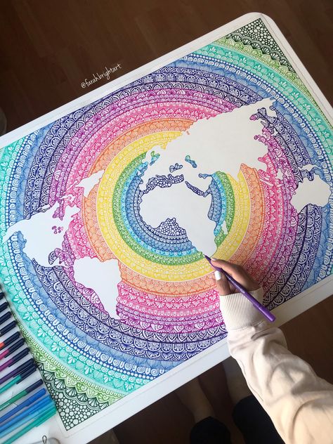 World map Rainbow mandala drawing   Hand drawing but printed on a high quality paper  Size 70*50cm  Took me 60 working hours  Shipping worldwide  Unframed  If you need any more info please feel free to contact me World Map Wall Decor, Colorful Notebooks, Easy Mandala Drawing, Rainbow Mandala, Mandala Art Therapy, Design Mandala, Mandala Art Lesson, Mandala Artwork, Easy Doodle Art