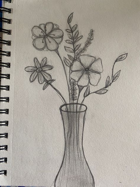 A vase of flowers Drawings Flower Vase, Flowers Drawing In A Vase, A Vase With Flowers Drawing, How To Draw A Vase With Flowers, Drawing Of Vase, Simple Flower Vase Drawing, Drawing Of Flower Bouquet, Flower Easy Sketch, Bucket Of Flowers Drawing