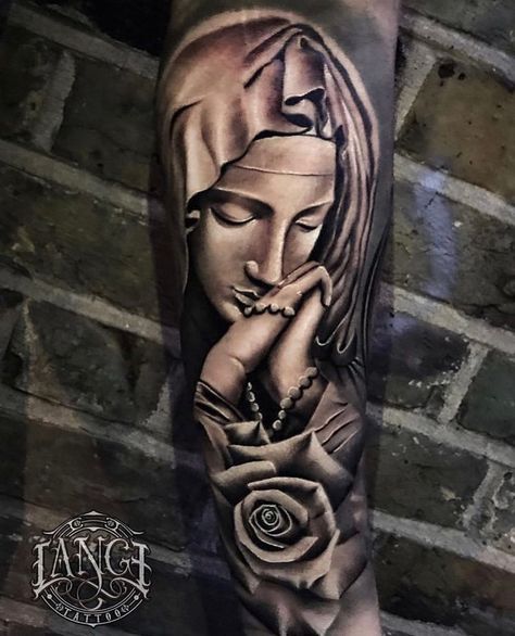 Hail Mary Tattoo, Mary Tattoo Design, Mary Tattoos, Holy Tattoos, Mother Mary Tattoos, Heaven Tattoos, Mary Tattoo, Arm Tats, Jesus Tattoo