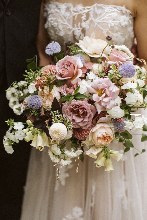 Mauve Peach And Sage Wedding, Muted Color Bouquet, Muted Pastel Wedding Flowers, Dusty Purple Wedding Flowers, Dusty Pastel Wedding, Dusty Rose And Blue Wedding, Muted Bouquet, Peach Roses Bouquet, Garden Rose Wedding Bouquet