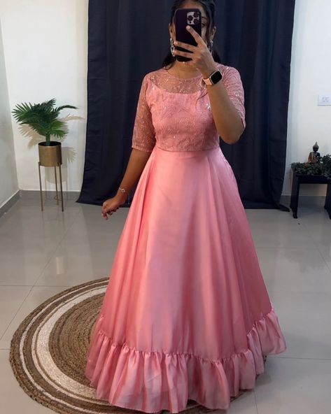 Exclusive arrival 💗 DM US FOR ORDER 7997018094 RATE 999/- Dream in Pastel Pink! 💕✨ Elevate your style with this stunning pastel pink party wear gown Dress is made of classy shinning rangoli fabric and yoke part front and back side butterfly net with beautiful embroidery and sequence work . It features an elegant style, a boat neckline and this designer outfit look perfect party wear for this season! Material: classy rangoli double shade fabric Complete crepe linning material Flair: ... Net Fabric Dress Design, Pastel Pink Party, Net Gown Designs, Side Butterfly, Dress Styling, Net Gowns, Butterfly Net, Designer Outfit, Party Wear Gown