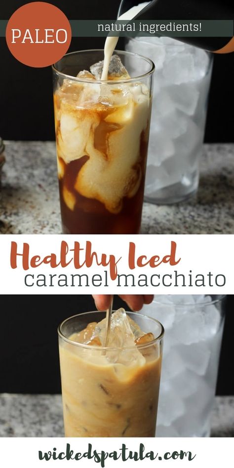 This Skinny Iced Caramel Macchiato Recipe is creamy and naturally sweetened! Learn my EASY method for how to make an iced caramel macchiato at home in 2 minutes! #wickedspatula #coffee #paleo #caramel #skinny #healthy #paleorecipes via @wickedspatula Caramel Macchiato At Home, Iced Caramel Macchiato Recipe, Healthy Iced Coffee, Caramel Macchiato Recipe, Iced Caramel Macchiato, Coffee Recipe Healthy, Macchiato Recipe, Ice Caramel Macchiato, Cold Brew Coffee Recipe