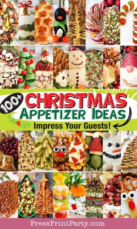 100 fun and easy appetizers for a Christmas party. The Christmas season is synonymous with food in the shape of trees, stars, snowmen, and other holiday motifs. Find the perfect easy Christmas appetizers for a party to remember. Christmas party appetizer ideas and recipes. Impress your guests with fun holiday appetizers - bread, puff pastry, charcuterie boards, savory dips, sweet dips, salads, cheese balls, cookies, desserts. Christmas party buffet food ideas - Press Print Party! Christmas Appetizer Ideas, Christmas Party Buffet, Appetizers Appetizers, Christmas Party Snacks, Best Holiday Appetizers, Christmas Potluck, Christmas Appetizers Easy, Christmas Appetizer, Christmas Buffet