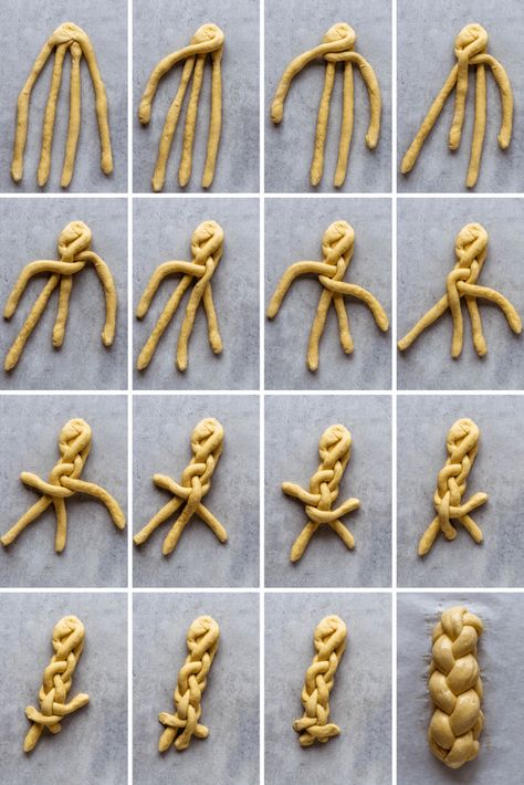 How to braid 4 strand challah bread #challah #bread #braid What To Eat With Challah Bread, Traditional Challah Bread Recipe, Braided Brioche Bread Recipe, 6 Strand Challah Braid, Flavored Challah Bread, Jewish Bread Challah, Challah Braiding Tutorials, Bread Shaping Techniques, Hallah Bread Recipe